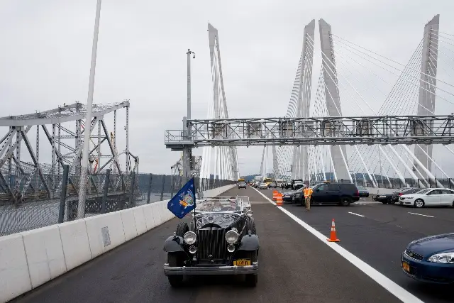 Gov. Andrew Cuomo drives a 1932 Packard as he officially opens the Gov. Mario M. Cuomo Bridge, in Nyack, N.Y. in 2018.